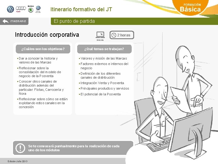Itinerario formativo del JT ITINERARIO El punto de partida Introducción corporativa 2 horas ONLINE