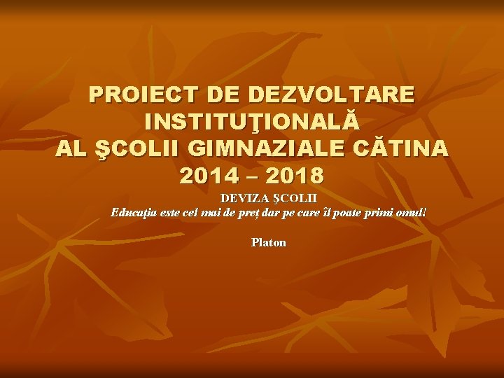 PROIECT DE DEZVOLTARE INSTITUŢIONALĂ AL ŞCOLII GIMNAZIALE CĂTINA 2014 – 2018 DEVIZA ŞCOLII Educaţia