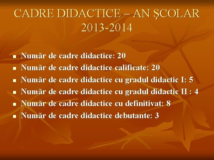 CADRE DIDACTICE – AN ŞCOLAR 2013 -2014 n n n Număr de cadre didactice: