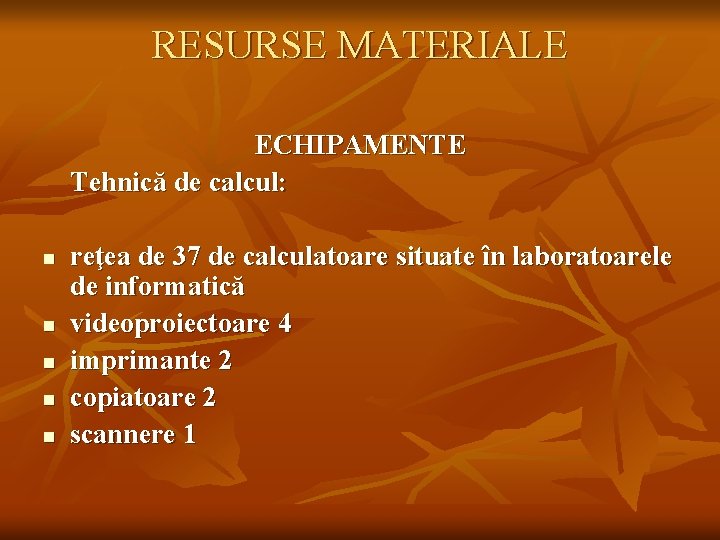 RESURSE MATERIALE ECHIPAMENTE Tehnică de calcul: n n n reţea de 37 de calculatoare