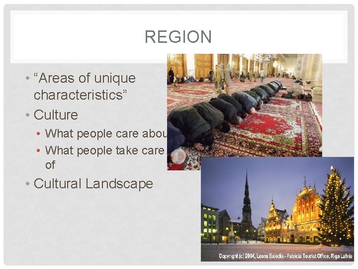 REGION • “Areas of unique characteristics” • Culture • What people care about •