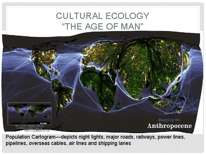 CULTURAL ECOLOGY “THE AGE OF MAN” Population Cartogram—depicts night lights, major roads, railways, power