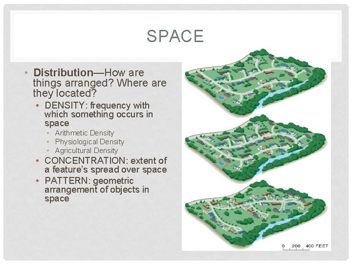 SPACE • Distribution—How are things arranged? Where are they located? • DENSITY: frequency with