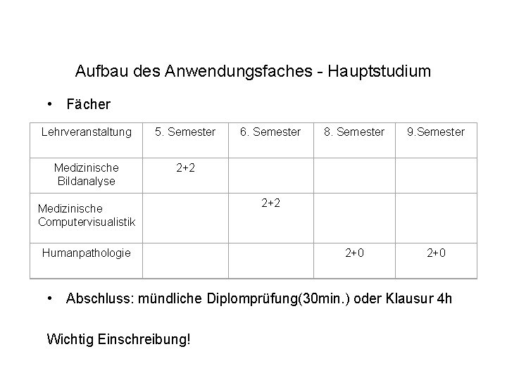 Aufbau des Anwendungsfaches - Hauptstudium • Fächer Lehrveranstaltung 5. Semester Medizinische Bildanalyse 2+2 Medizinische