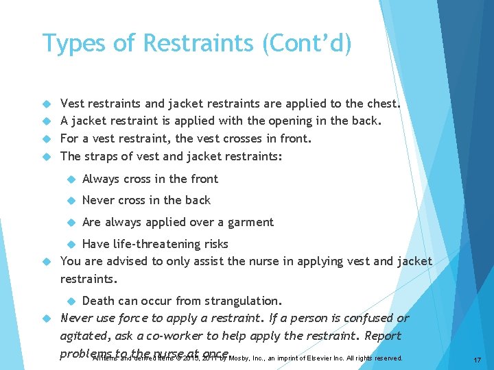 Types of Restraints (Cont’d) Vest restraints and jacket restraints are applied to the chest.