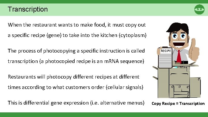 Transcription When the restaurant wants to make food, it must copy out a specific