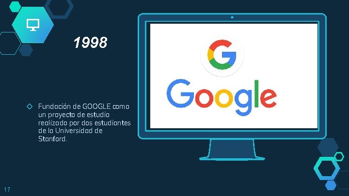 1998 Place your screenshot here ◇ Fundación de GOOGLE como un proyecto de estudio