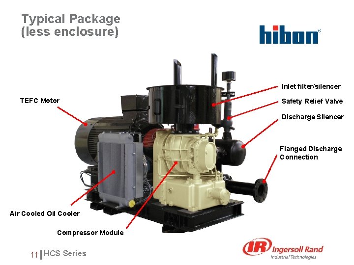 Typical Package (less enclosure) Inlet filter/silencer TEFC Motor Safety Relief Valve Discharge Silencer Flanged