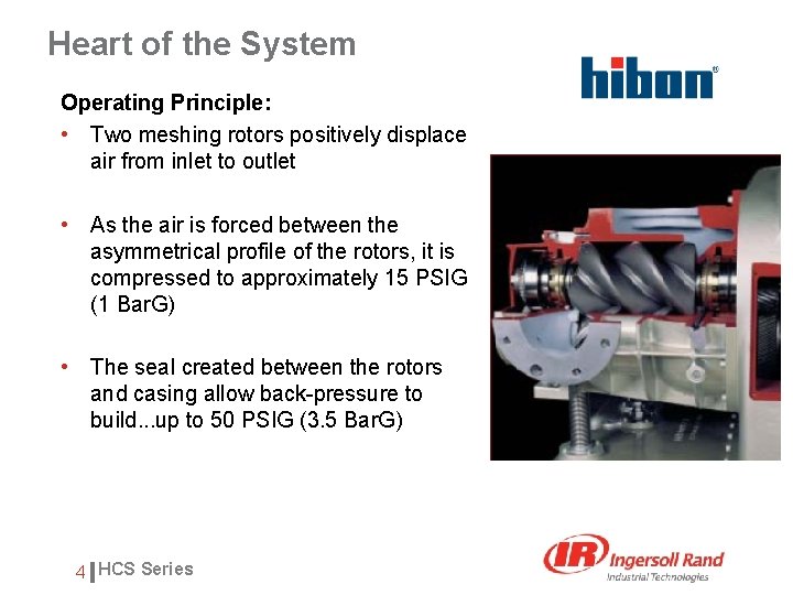 Heart of the System Operating Principle: • Two meshing rotors positively displace air from