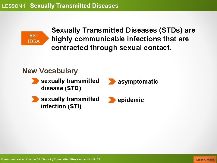 LESSON 1 Sexually Transmitted Diseases BIG IDEA Sexually Transmitted Diseases (STDs) are highly communicable