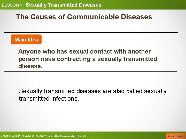 LESSON 1 Sexually Transmitted Diseases The Causes of Communicable Diseases Main Idea Anyone who