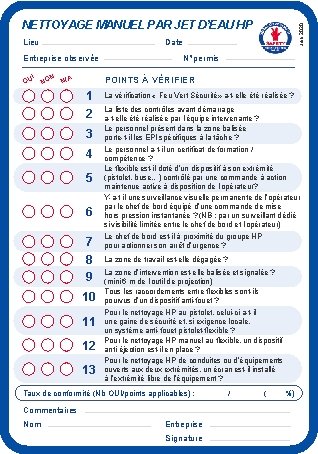 Lieu Date Entreprise observée OU I NO N N/A N° permis POINTS À VÉRIFIER