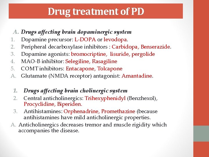 Drug treatment of PD A. 1. 2. 3. 4. 5. A. Drugs affecting brain