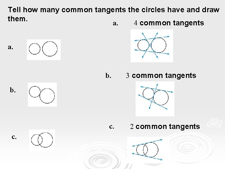 Tell how many EXAMPLE 3 common tangents the circles have and draw them. a. Tell how many EXAMPLE 3 common tangents the circles have and draw them. a.