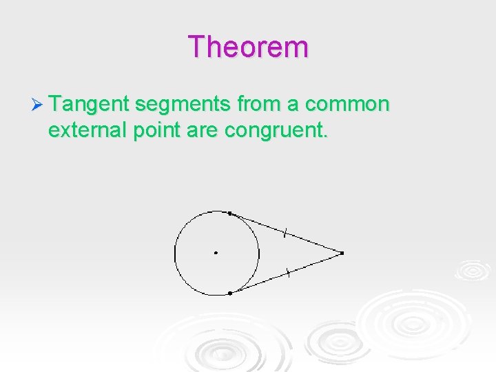 Theorem Ø Tangent segments from a common external point are congruent. Theorem Ø Tangent segments from a common external point are congruent.