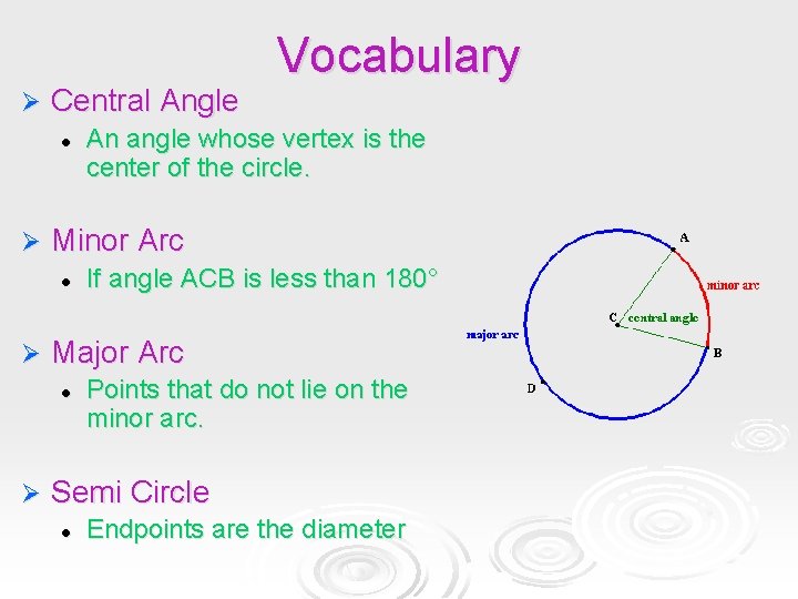 Ø Central Angle l Ø If angle ACB is less than 180° Major Arc Ø Central Angle l Ø If angle ACB is less than 180° Major Arc