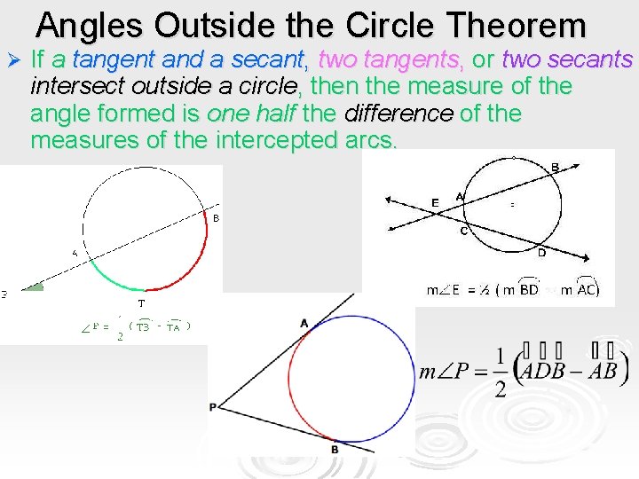 Angles Outside the Circle Theorem Ø If a tangent and a secant, two tangents, Angles Outside the Circle Theorem Ø If a tangent and a secant, two tangents,