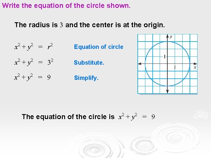 Write the equation of the circle shown. The radius is 3 and the center Write the equation of the circle shown. The radius is 3 and the center