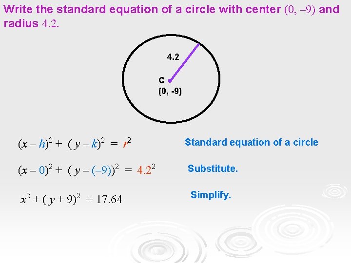 Write the standard equation of a circle with center (0, – 9) and radius Write the standard equation of a circle with center (0, – 9) and radius