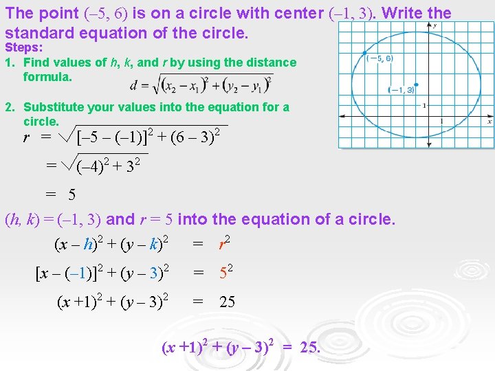 The point (– 5, 6) is on a circle with center (– 1, 3). The point (– 5, 6) is on a circle with center (– 1, 3).