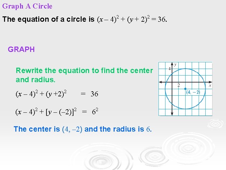 Graph A Circle The equation of a circle is (x – 4)2 + (y Graph A Circle The equation of a circle is (x – 4)2 + (y