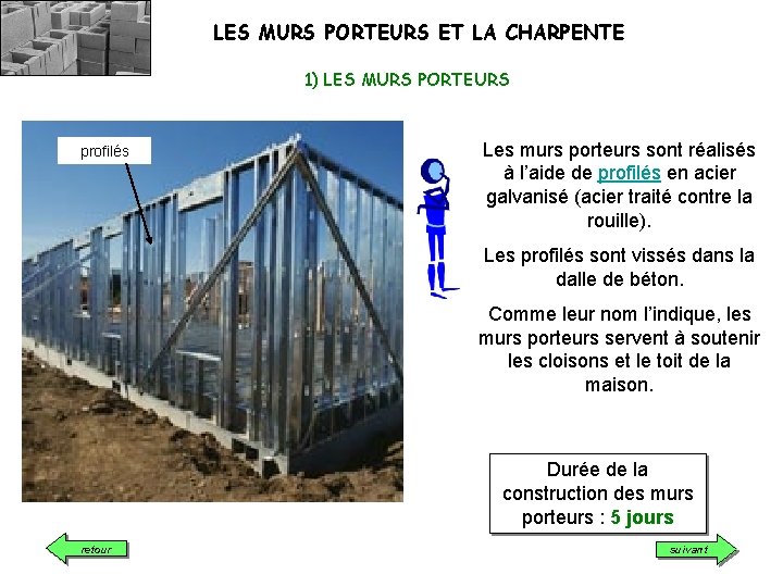 LES MURS PORTEURS ET LA CHARPENTE 1) LES MURS PORTEURS profilés Les murs porteurs