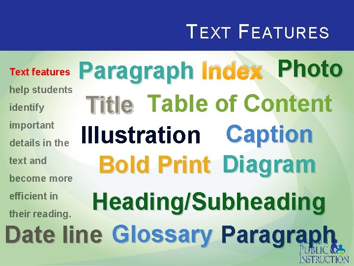 T EXT F EATURES Paragraph Index Photo help students identify Title Table of Content