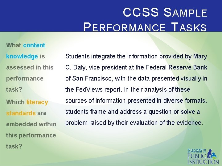 CCSS S AMPLE P ERFORMANCE T ASKS What content knowledge is Students integrate the