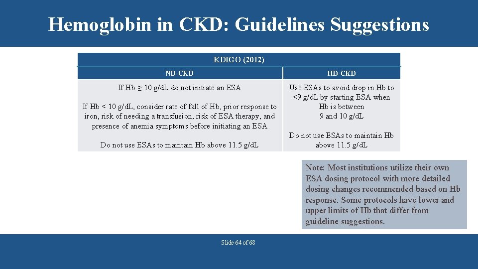 Hemoglobin in CKD: Guidelines Suggestions KDIGO (2012) ND-CKD HD-CKD If Hb ≥ 10 g/d.