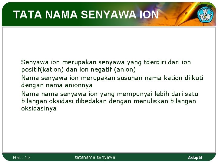 TATA NAMA SENYAWA ION Senyawa ion merupakan senyawa yang tderdiri dari ion positif(kation) dan