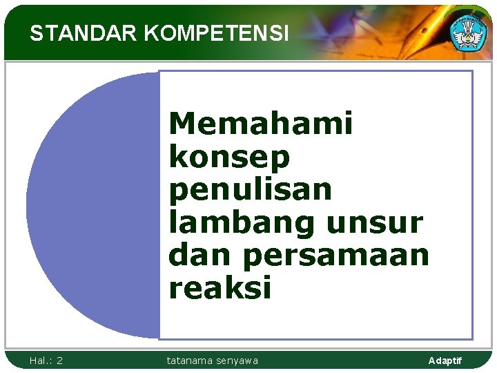 STANDAR KOMPETENSI Memahami konsep penulisan lambang unsur dan persamaan reaksi Hal. : 2 tatanama