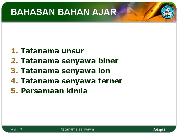 BAHASAN BAHAN AJAR 1. 2. 3. 4. 5. Tatanama unsur Tatanama senyawa biner Tatanama