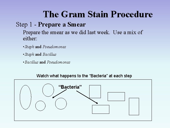 The Gram Stain Procedure Step 1 - Prepare a Smear Prepare the smear as
