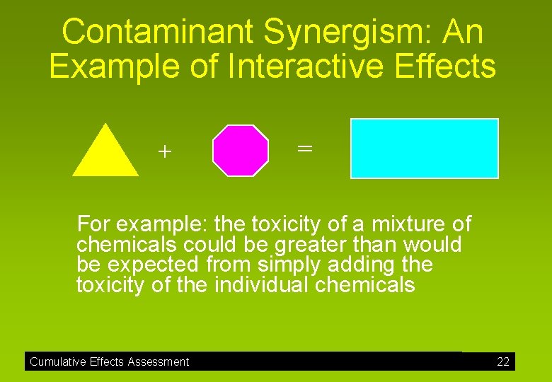 Contaminant Synergism: An Example of Interactive Effects + = For example: the toxicity of