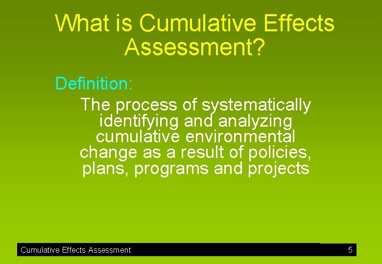 What is Cumulative Effects Assessment? Definition: The process of systematically identifying and analyzing cumulative