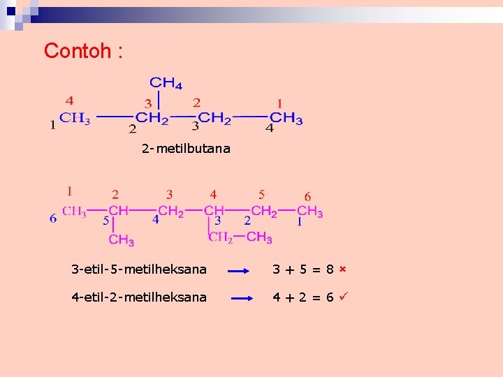 Contoh : 2 -metilbutana 3 -etil-5 -metilheksana 3+5=8 4 -etil-2 -metilheksana 4+2=6 