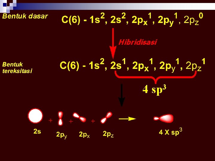 Bentuk dasar Hibridisasi Bentuk tereksitasi 4 sp 3 