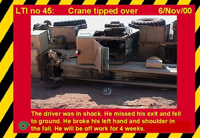 LTI no 45: Crane tipped over 6/Nov/00 The driver was in shock. He missed