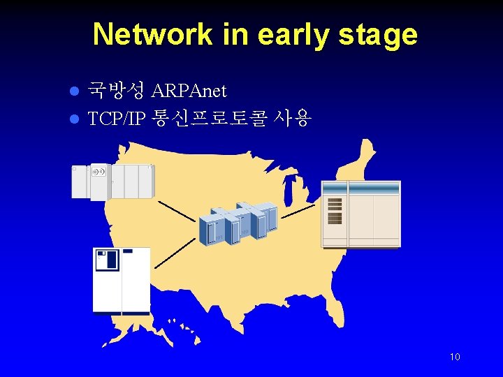 Network in early stage 국방성 ARPAnet l TCP/IP 통신프로토콜 사용 l 10 