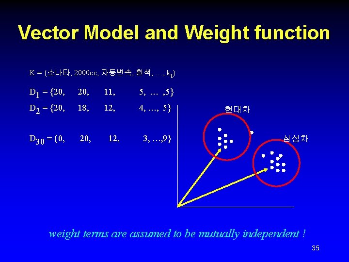 Vector Model and Weight function K = {소나타, 2000 cc, 자동변속, 흰색, …, kt}