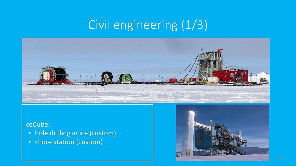 Civil engineering (1/3) Ice. Cube: • hole drilling in ice (custom) • shore station