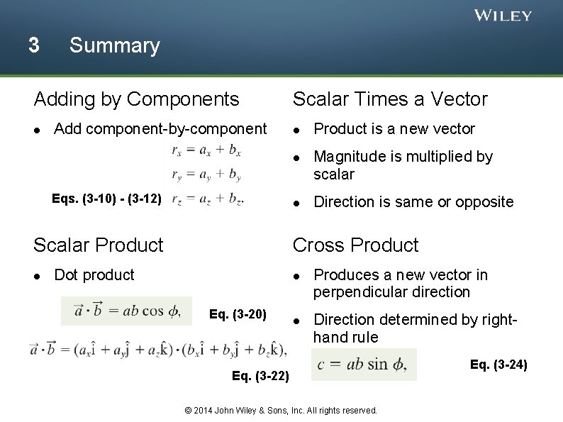 3 Summary Adding by Components Add component-by-component Scalar Times a Vector Eqs. (3 -10)