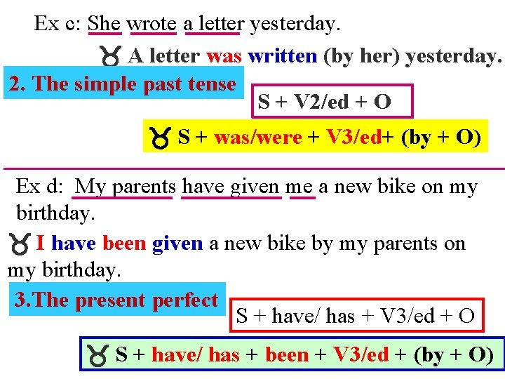 Ex c: She wrote a letter yesterday. A letter was written (by her) yesterday.