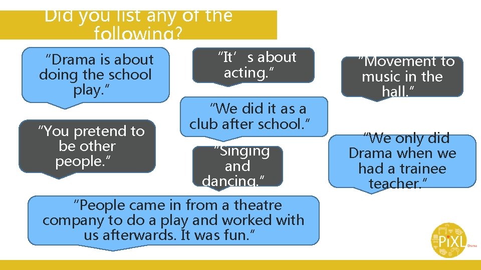 Did you list any of the following? “Drama is about doing the school play. Did you list any of the following? “Drama is about doing the school play.