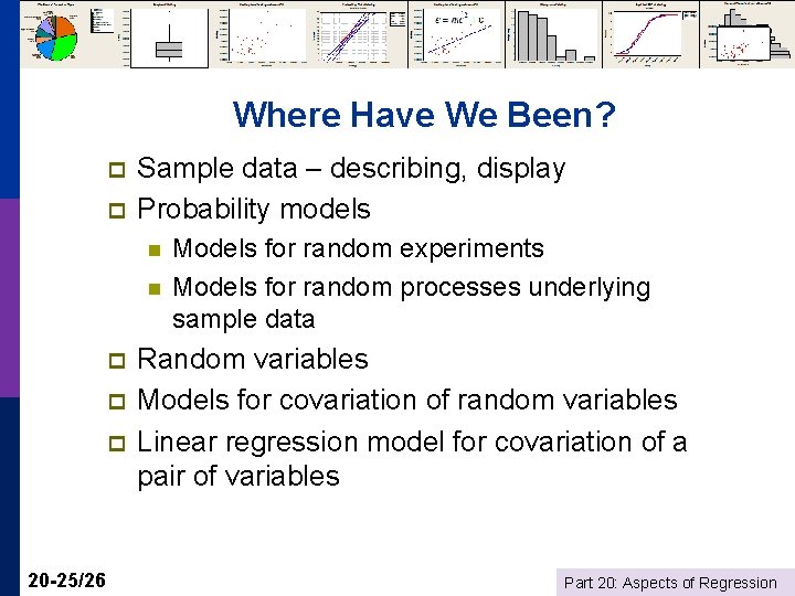 Where Have We Been? p p Sample data – describing, display Probability models n