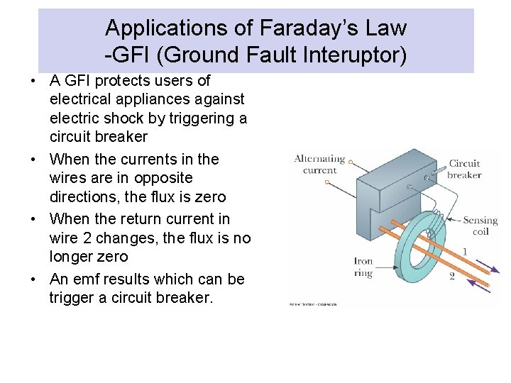 Applications of Faraday’s Law -GFI (Ground Fault Interuptor) • A GFI protects users of