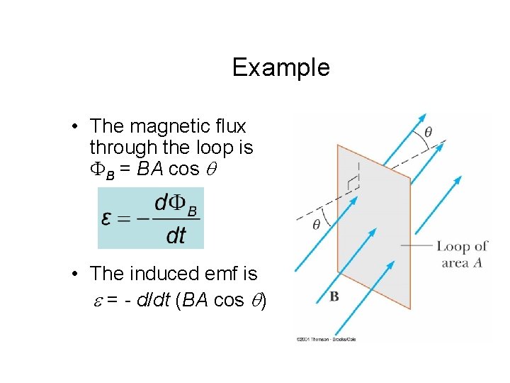 Example • The magnetic flux through the loop is FB = BA cos q