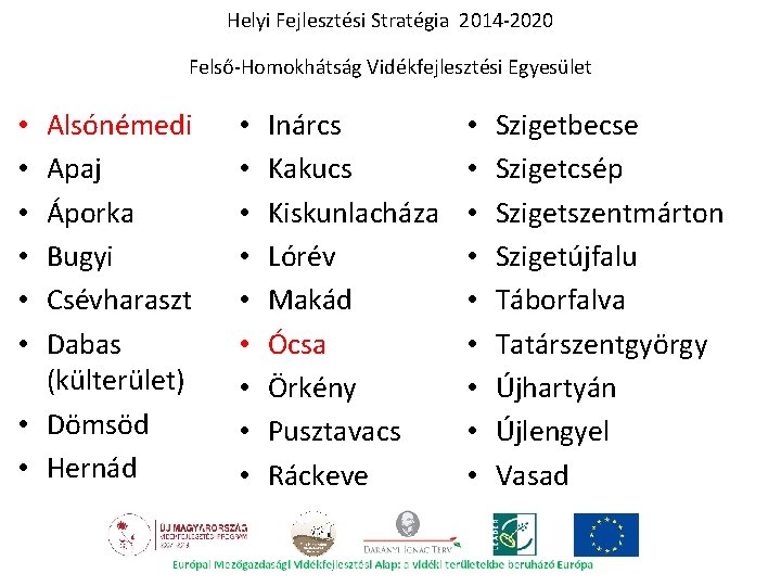 Helyi Fejlesztési Stratégia 2014 -2020 Felső-Homokhátság Vidékfejlesztési Egyesület Alsónémedi Apaj Áporka Bugyi Csévharaszt Dabas