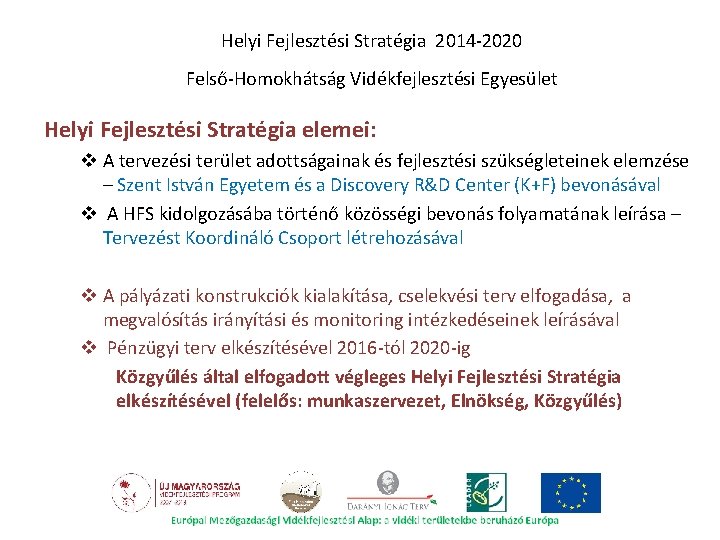 Helyi Fejlesztési Stratégia 2014 -2020 Felső-Homokhátság Vidékfejlesztési Egyesület Helyi Fejlesztési Stratégia elemei: v A