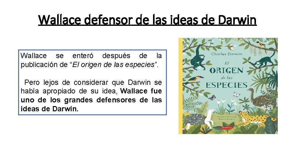 Wallace defensor de las ideas de Darwin Wallace se enteró después de la publicación Wallace defensor de las ideas de Darwin Wallace se enteró después de la publicación